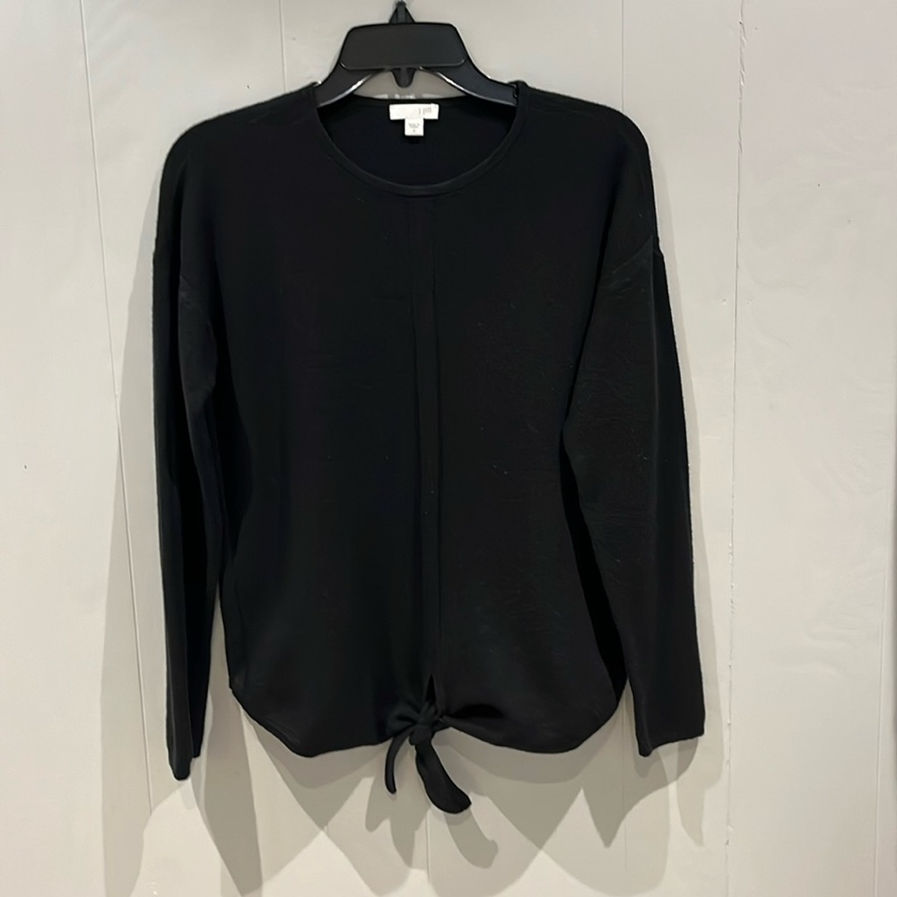 J.Jill sweater with front decorative tie at bottom.